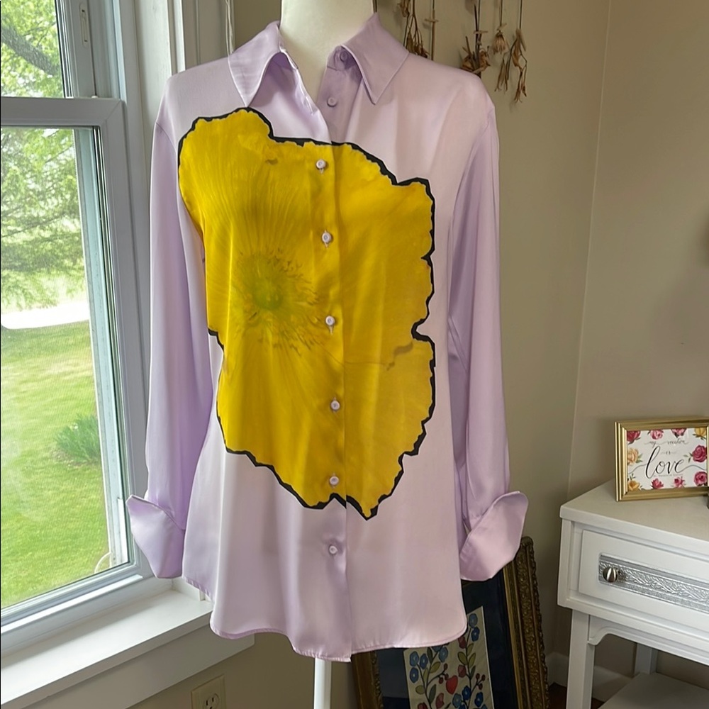 ZARA Lavender Button-Up Shirt with Yellow Floral Design